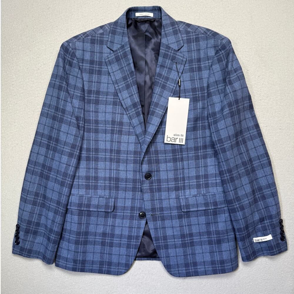 Bar III Men's Slim-Fit Linen Plaid Sport Coat navy/blue 38S $295